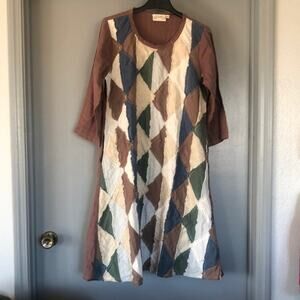 Paper Lace Patchwork Midi Dress Boho Hippie sz Medium 3/4 Sleeves